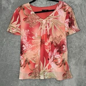 R&M Richards 20 1X Top Shirt Coral Pink Floral Flower Short Sleeve V Neck Womens